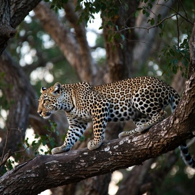 Leopard walking on tree branch