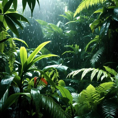 Rain falling in lush jungle