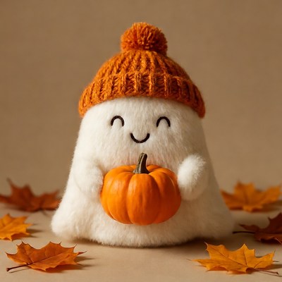 Cute ghost holding pumpkin