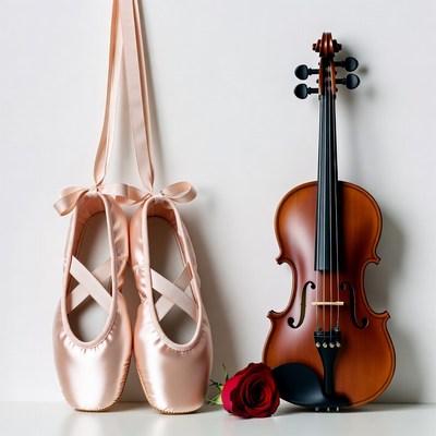 Pink Ballet Slippers Violin Red Rose