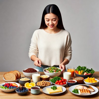 Asian woman smiling at healthy food spread
