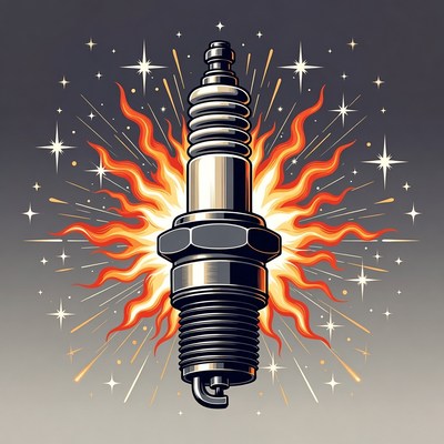 Spark Plug with Flames and Sparks