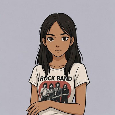 Woman wearing rock band t-shirt
