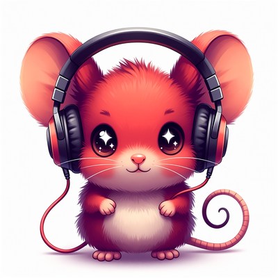 Cute red mouse wearing headphones