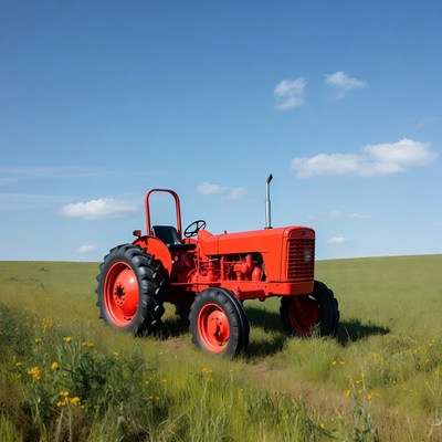 Red tractor in green field