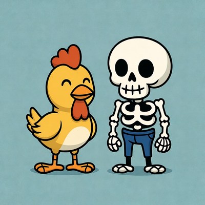 Cartoon Chicken and Skeleton Standing Together