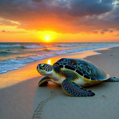 Sea Turtle on Beach at Sunset
