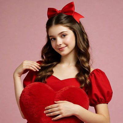 Girl hugging red heart plush