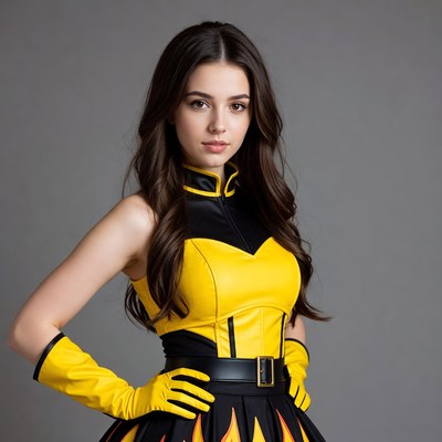 Woman in yellow black superhero costume