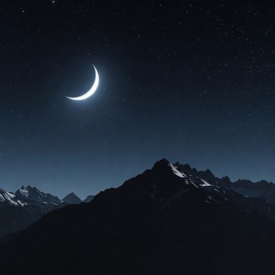 Crescent Moon over Snowy Mountains