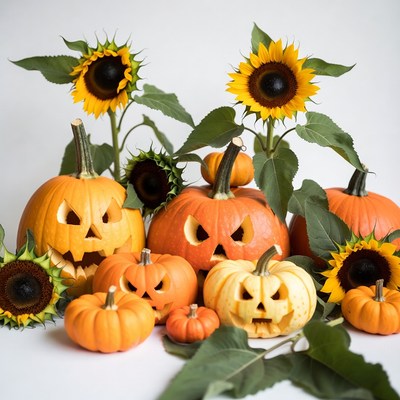 Jack-o-Lantern Pumpkins with Sunflowers