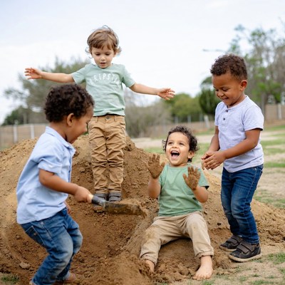 Boys playing on dirt mound