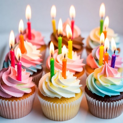 Colorful Cupcakes with Lit Birthday Candles