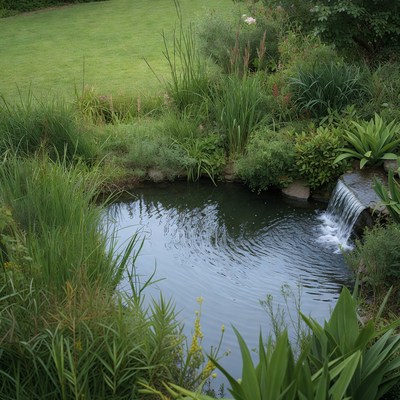 Garden pond with waterfall