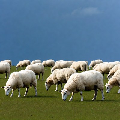 Herd of sheep grazing on green field