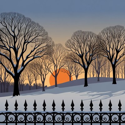 Winter Sunset Over Snowy Trees and Fence