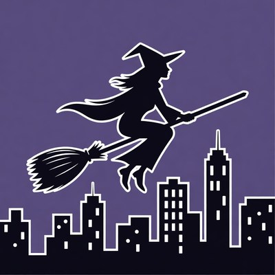 Silhouette witch flying over city skyline