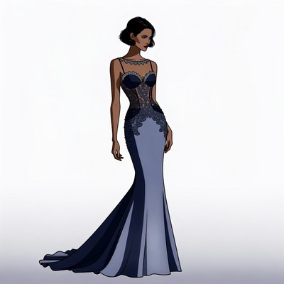 Elegant woman in navy lace gown