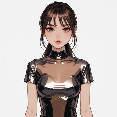 Asian woman in shiny black vinyl top