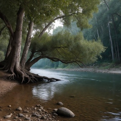 Willow Trees by Misty River