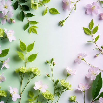 Pink Cherry Blossoms with Green Leaves