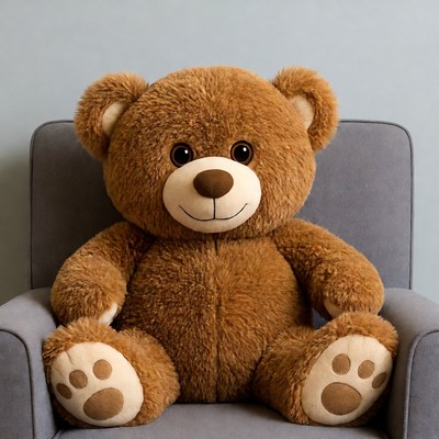 Large brown teddy bear in chair