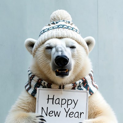 Polar Bear Holding Happy New Year Sign