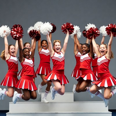 Cheerleading team jumping with pom poms