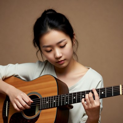 Asian girl playing acoustic guitar
