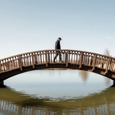 Man walking on wooden arched bridge