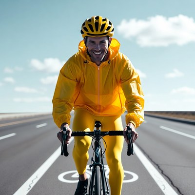 Man cycling in yellow rain gear