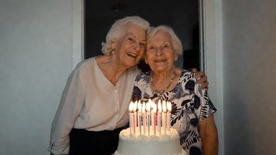 Two elderly women with birthday cake