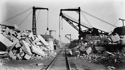Cranes Lifting Rubble Beside Railroad Tracks