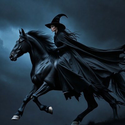 Woman riding black horse in witch hat