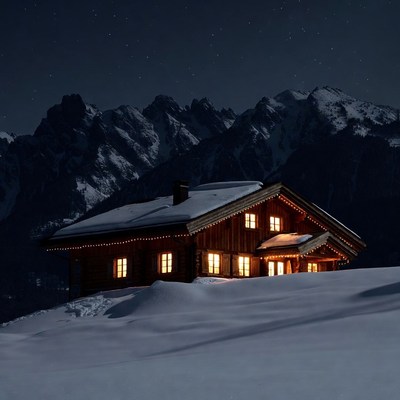Lit Chalet in Snowy Mountains at Night