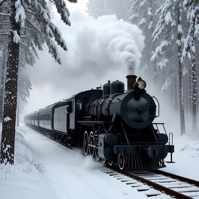 Steam train in snowy forest