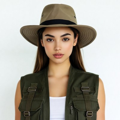 Woman in khaki hat and vest