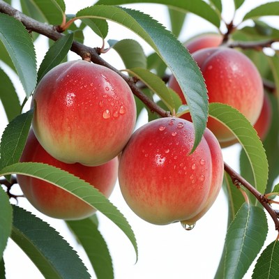 Ripe Peaches on Branch with Dew