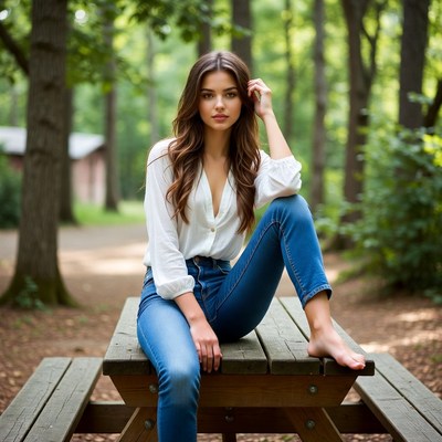 Woman sitting on picnic table in forest