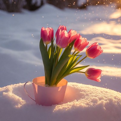 Pink tulips in cup on snow