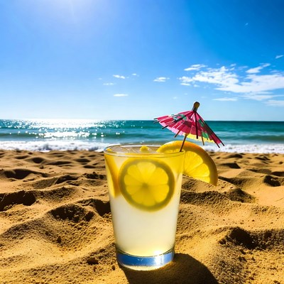 Lemonade with umbrella on beach sand