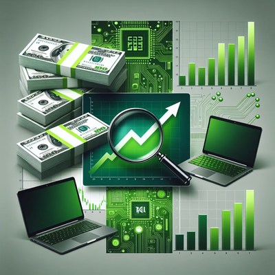 Money stacks with green charts and tech