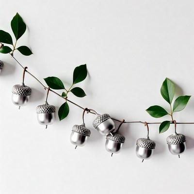 Silver Acorns on Green Leaf Branch
