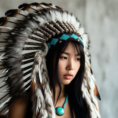 Asian woman in Native American headdress
