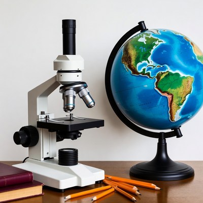 Microscope and Globe on Desk
