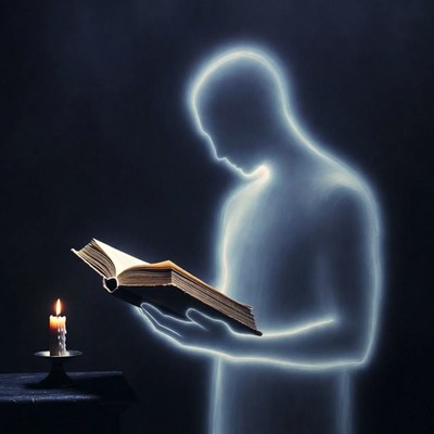 Glowing Ghostly Man Reading Book by Candle