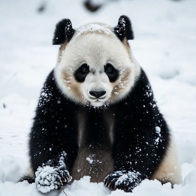 Panda sitting in snow