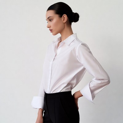 Profile of woman in white shirt black pants