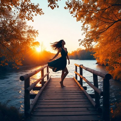 Woman in green dress on autumn bridge
