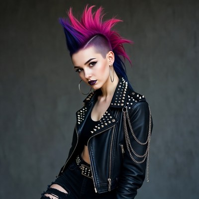Woman with pink mohawk leather jacket